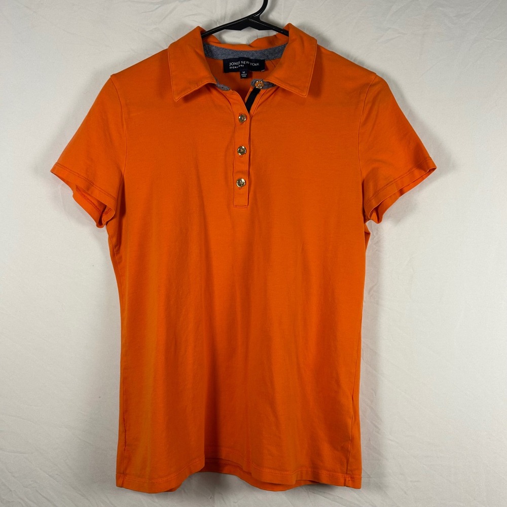 Jones New York Polo Shirt Womens Size M Orange Gold Button Short Sleeve